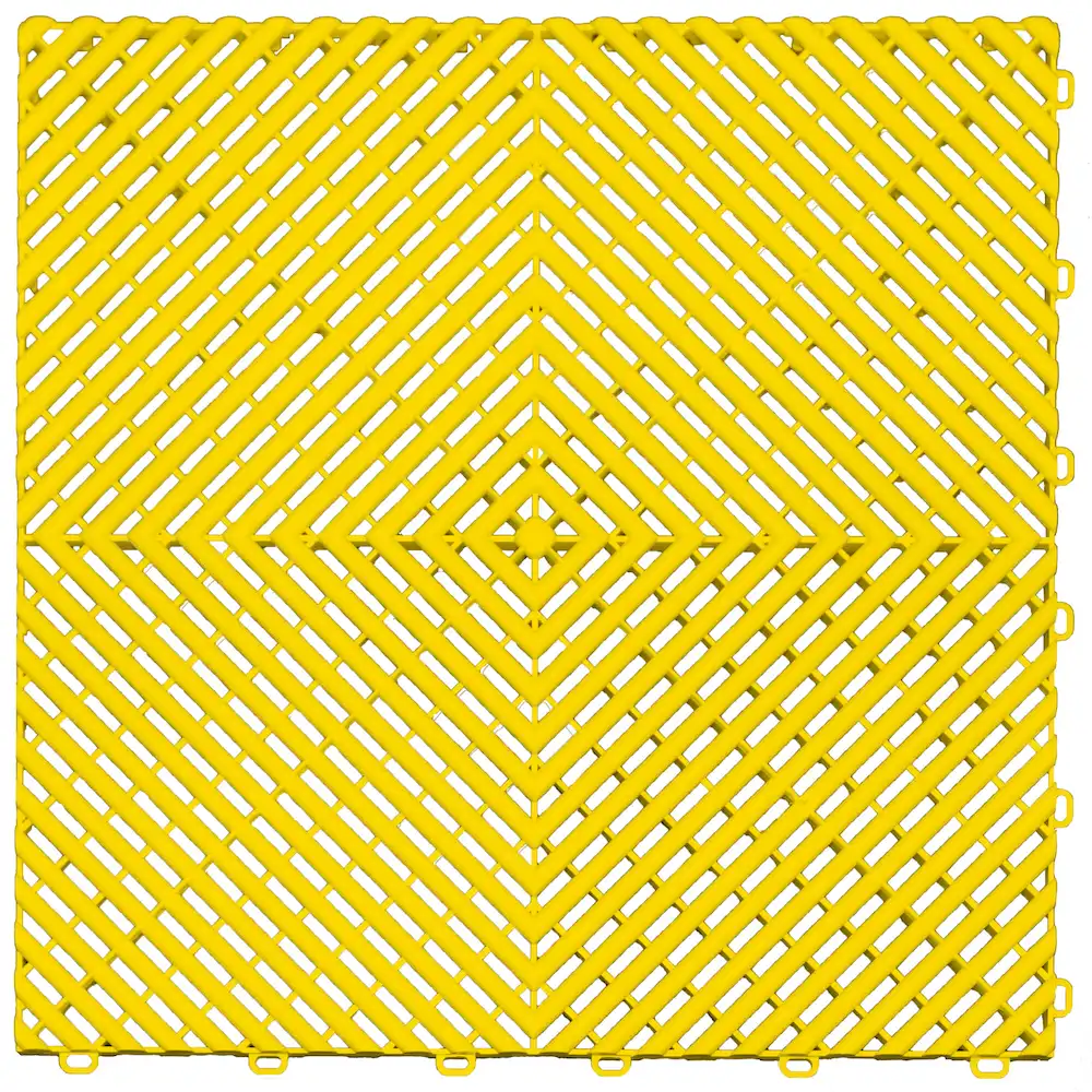Yellow interlocking drainage floor tile designed for durable garage, workshop, and outdoor flooring.
