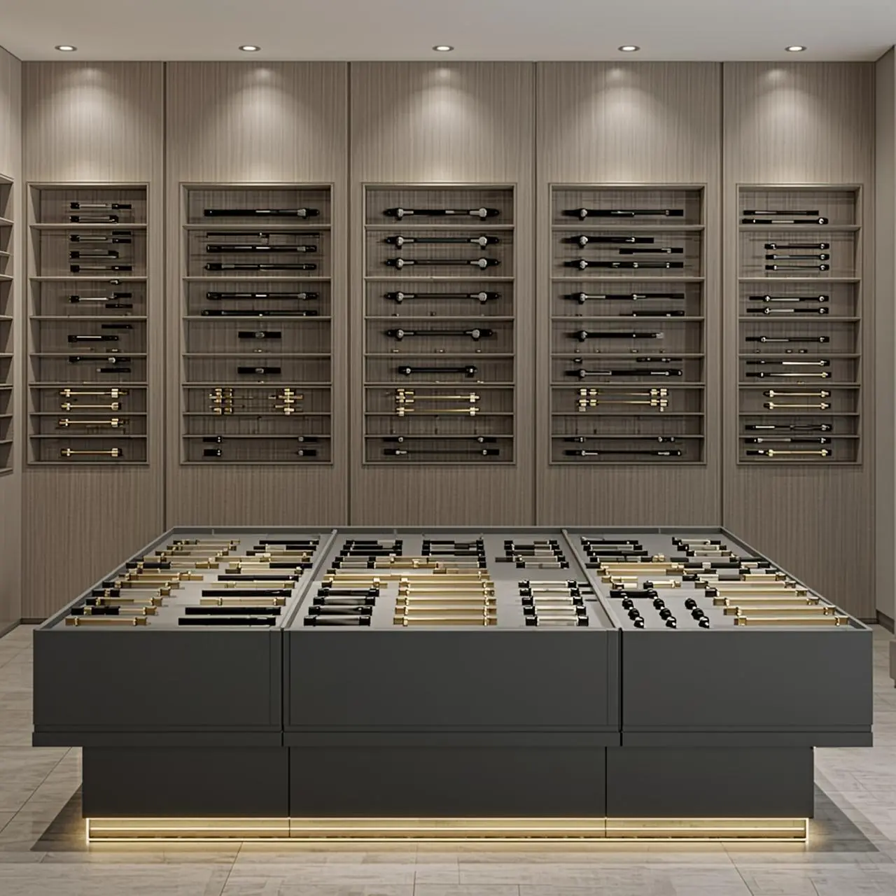 Hardware and finish display wall at the Famille Closets Edmonton showroom