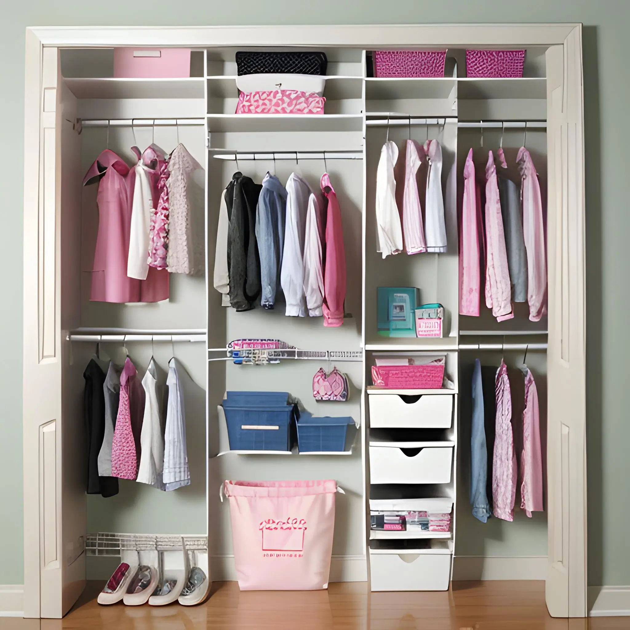 Kids’ reach-in closet with double hanging, drawers and pink storage bins by Famille Closets