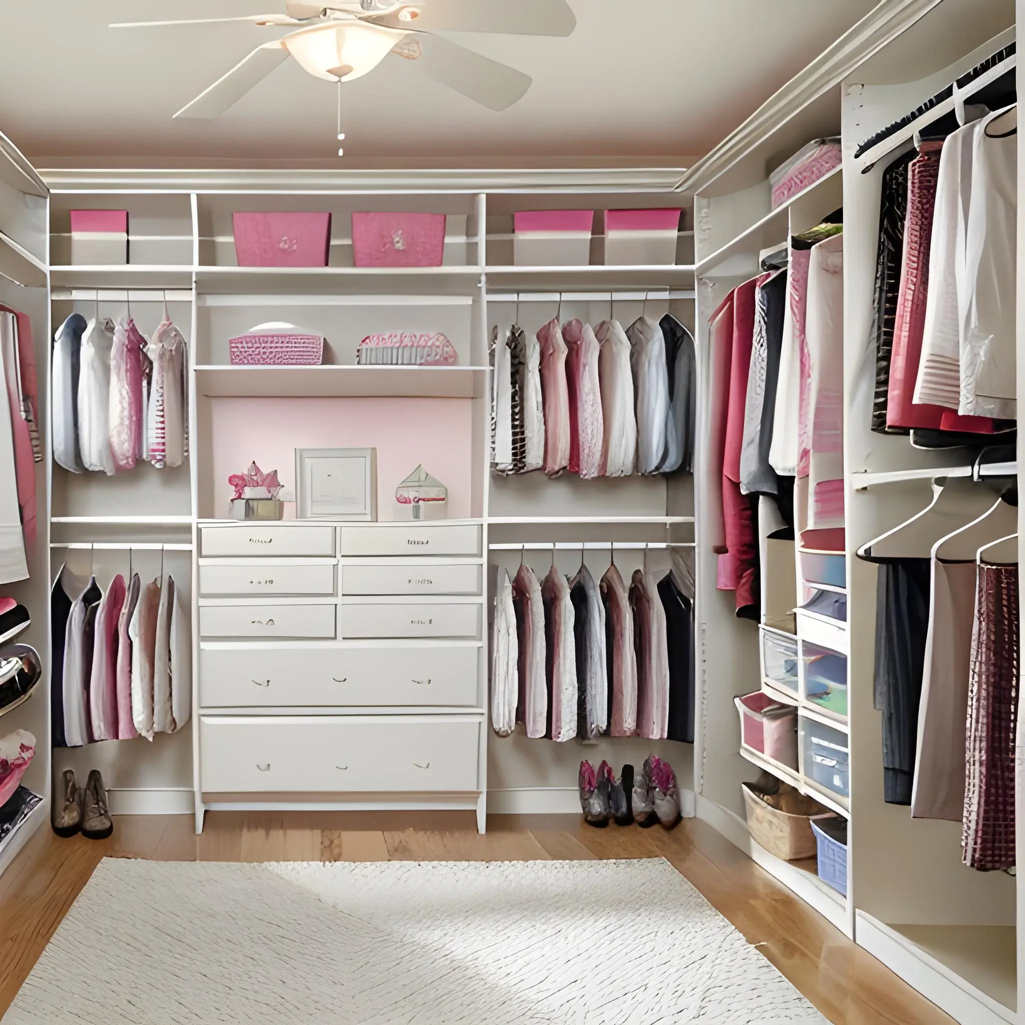 Kids’ walk-in closet with double hanging and a central drawer unit by Famille Closets