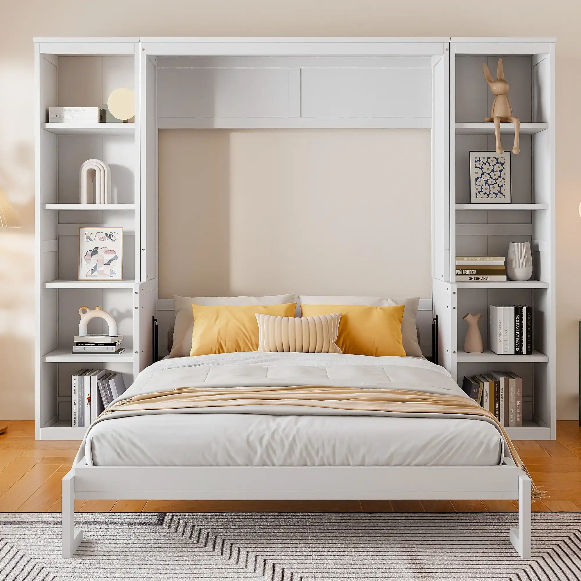 White Murphy bed with built-in shelving on both sides by Famille Closets