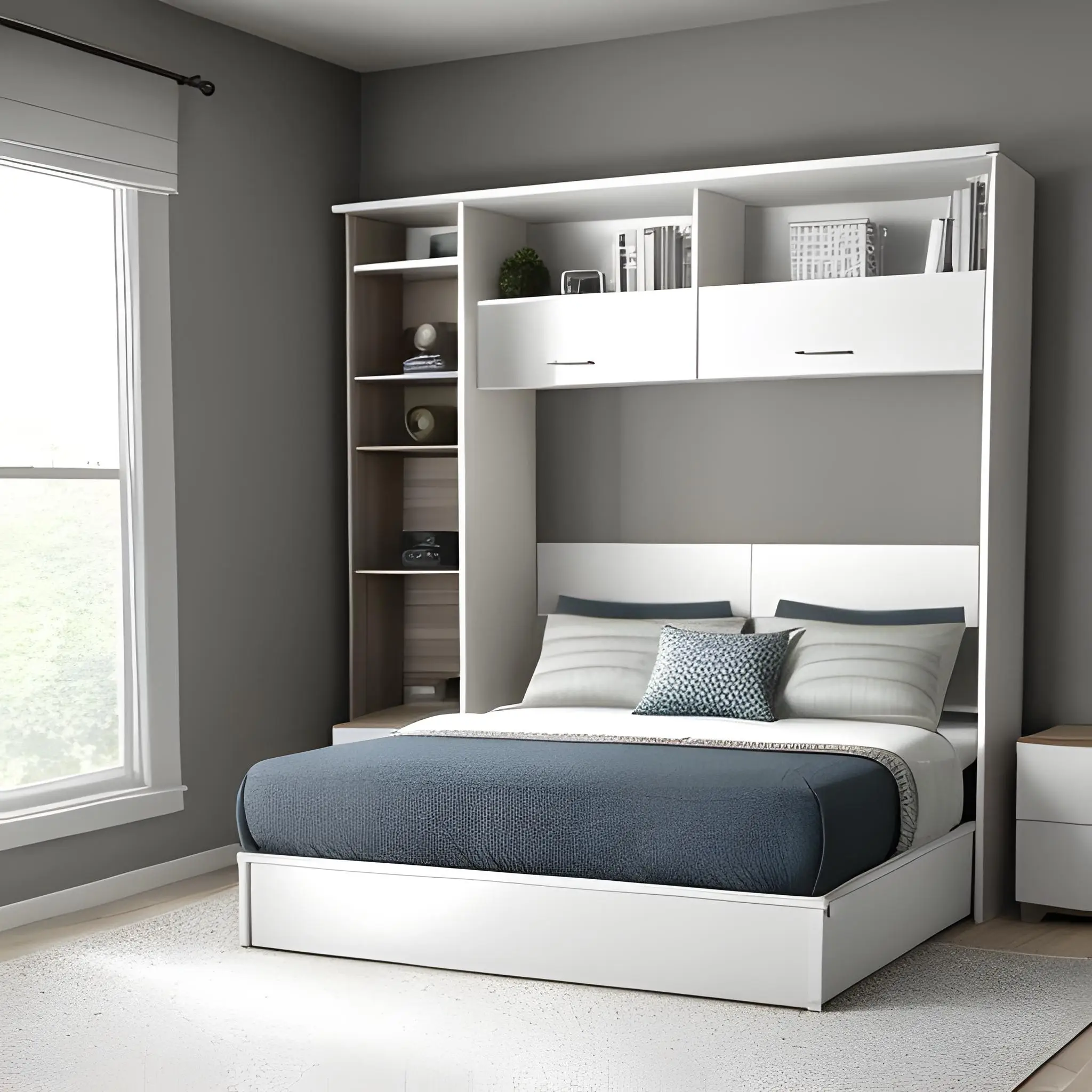 White Murphy bed with upper storage and side shelving by Famille Closets