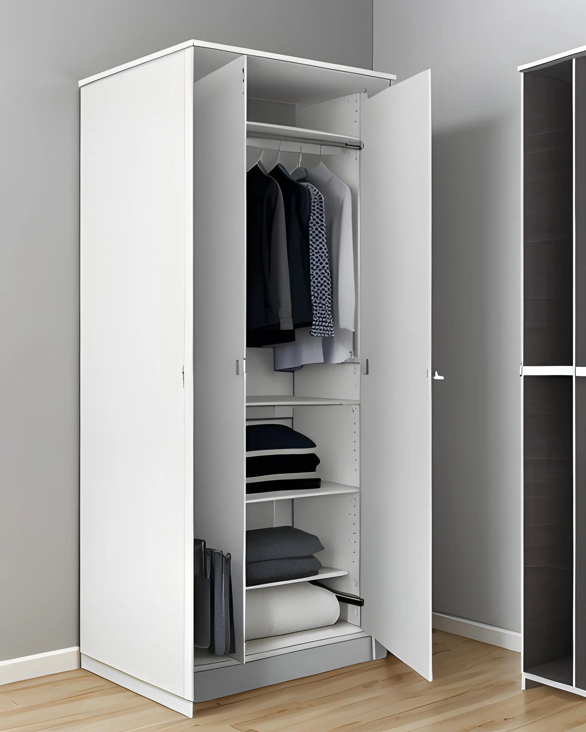 White wardrobe with hanging and shelves behind hinged doors by Famille Closets