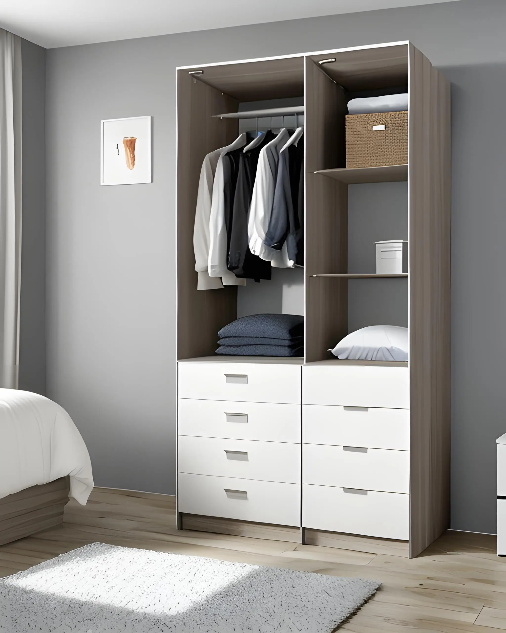 Open wardrobe unit with hanging, shelves and white drawers by Famille Closets