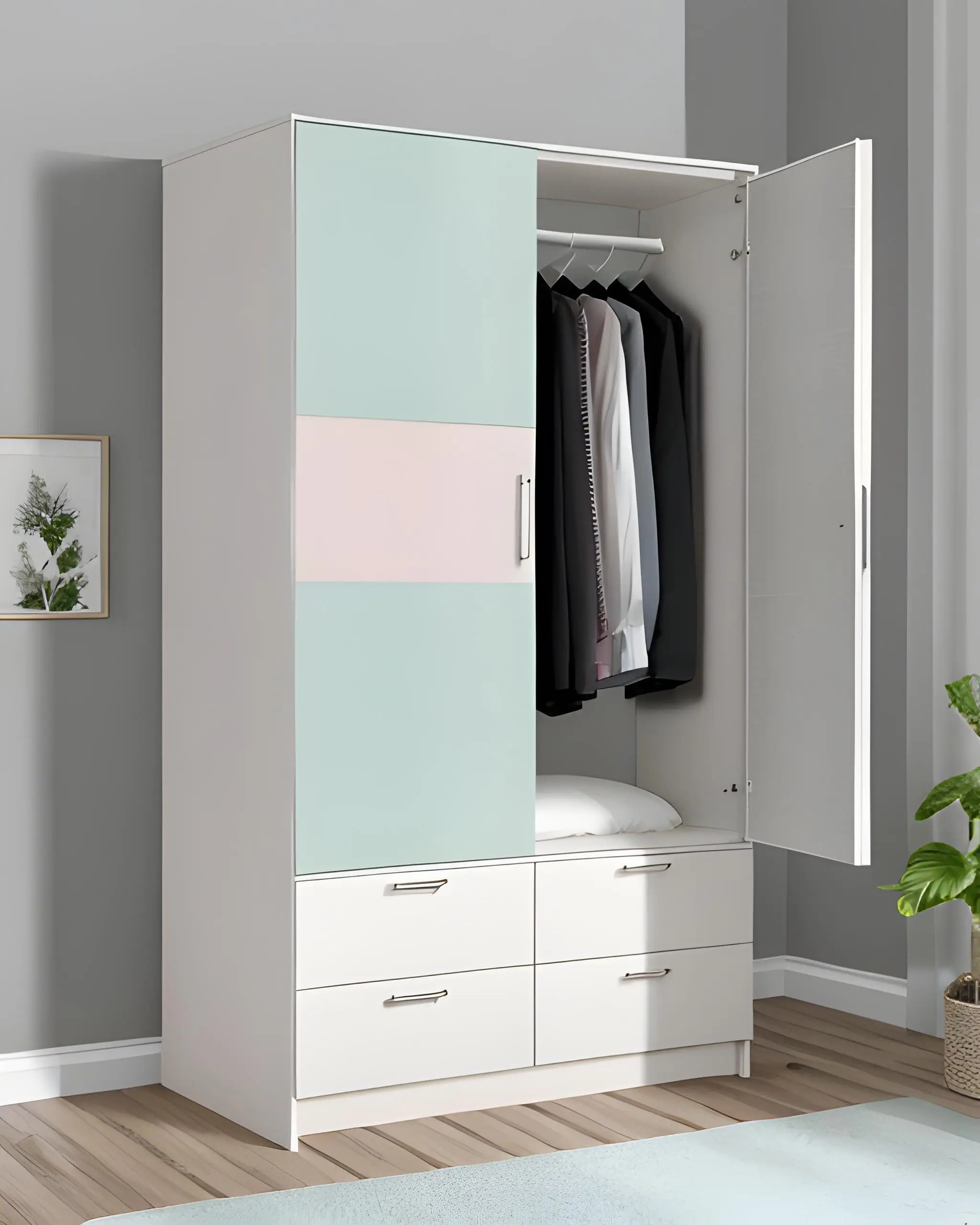 Pastel two-tone wardrobe with hanging and a drawer stack by Famille Closets