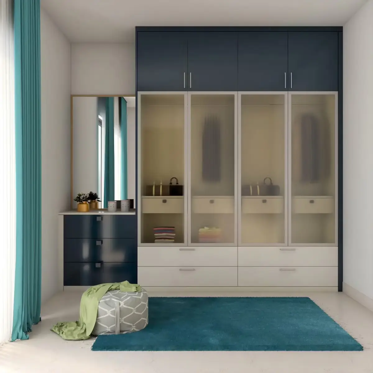 Navy and frosted-glass wardrobe wall with drawers in a bedroom by Famille Closets