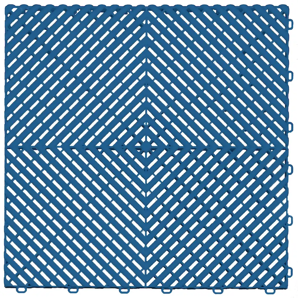 Navy blue interlocking drainage floor tile for garage, workshop, and outdoor flooring.