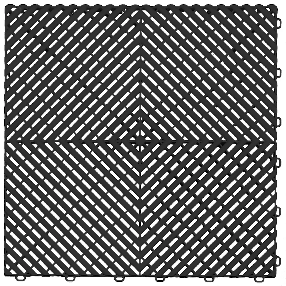 Black interlocking drainage floor tile for durable garage, workshop, and outdoor flooring.
