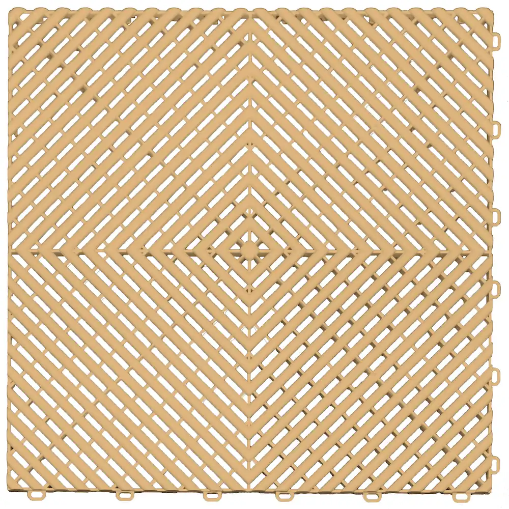 Beige interlocking drainage floor tile designed for garage, workshop, and outdoor flooring.