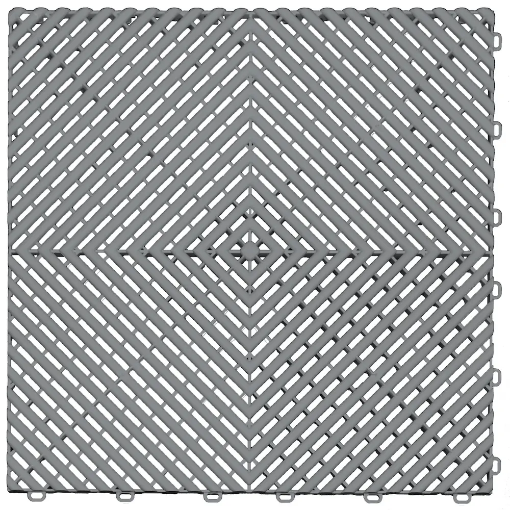 Graphite-colored interlocking drainage floor tile for durable garage, workshop, and outdoor flooring.