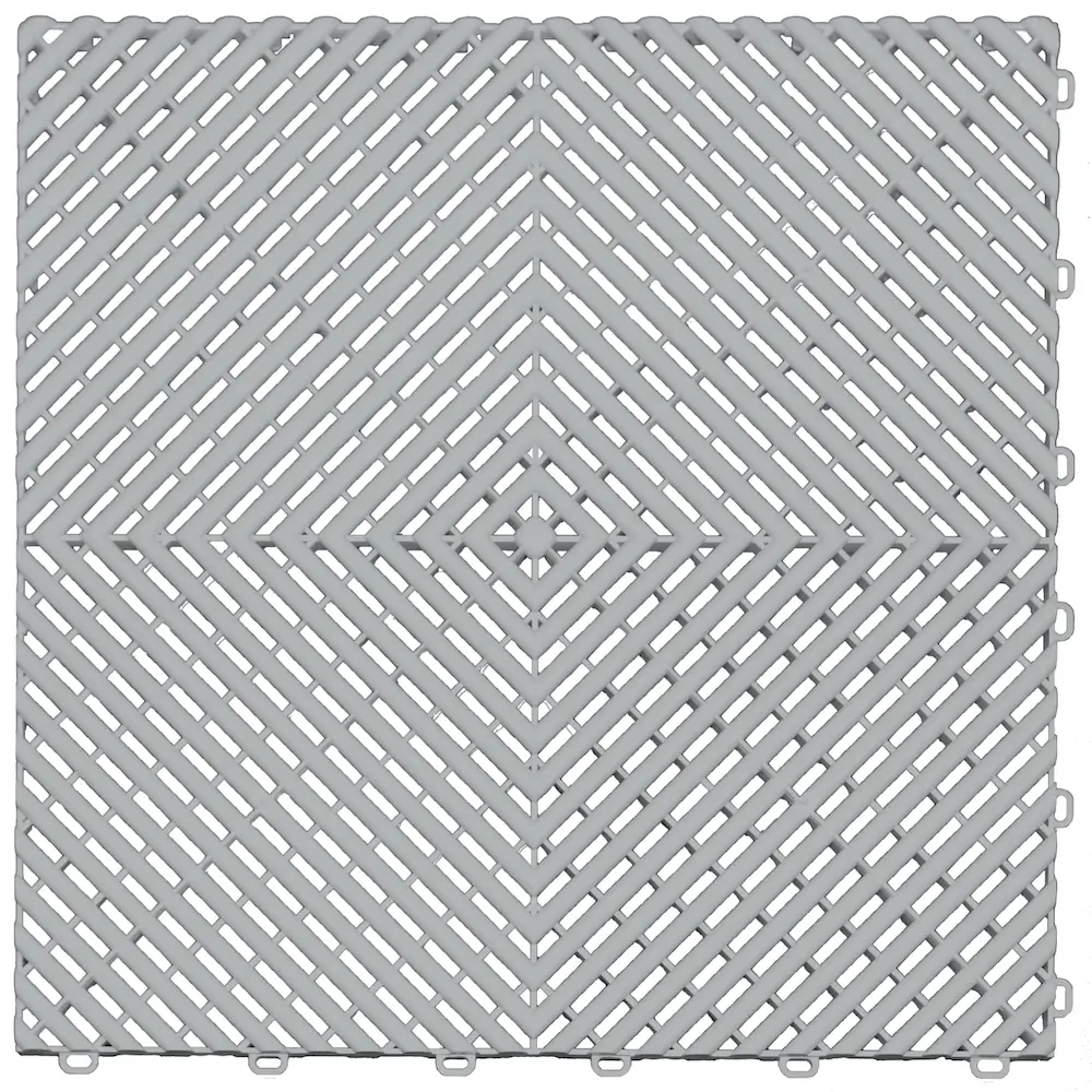 Silver interlocking drainage floor tile designed for durable garage, workshop, and outdoor flooring.