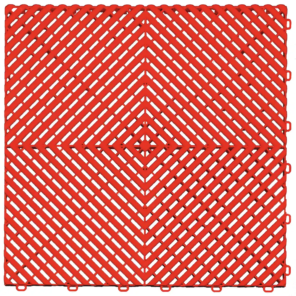 Red interlocking drainage floor tile designed for durable garage, workshop, and outdoor flooring.