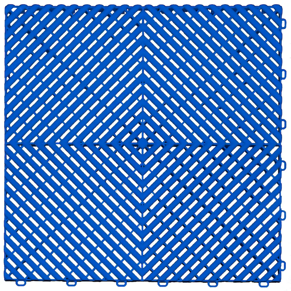 Blue interlocking drainage floor tile designed for garage, workshop, and outdoor flooring.
