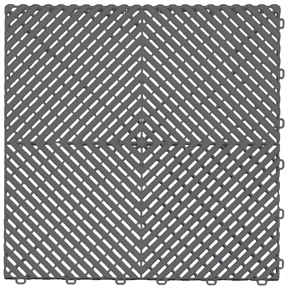 Gray interlocking drainage floor tile for durable garage, workshop, and outdoor flooring.