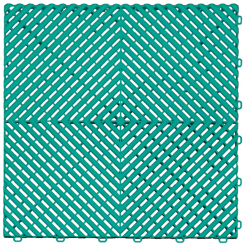 Teal interlocking drainage floor tile designed for garage, workshop, and outdoor flooring.