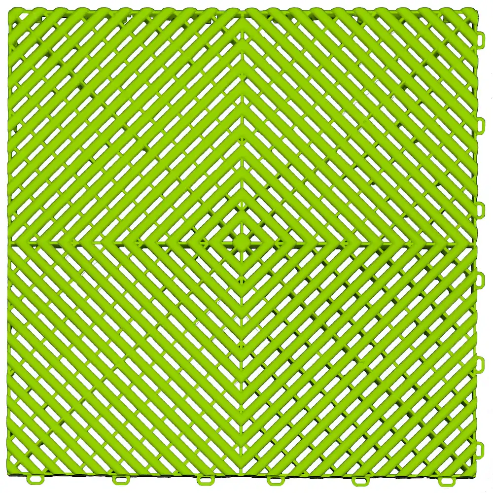 Lime green interlocking drainage floor tile designed for garage, workshop, and outdoor flooring.