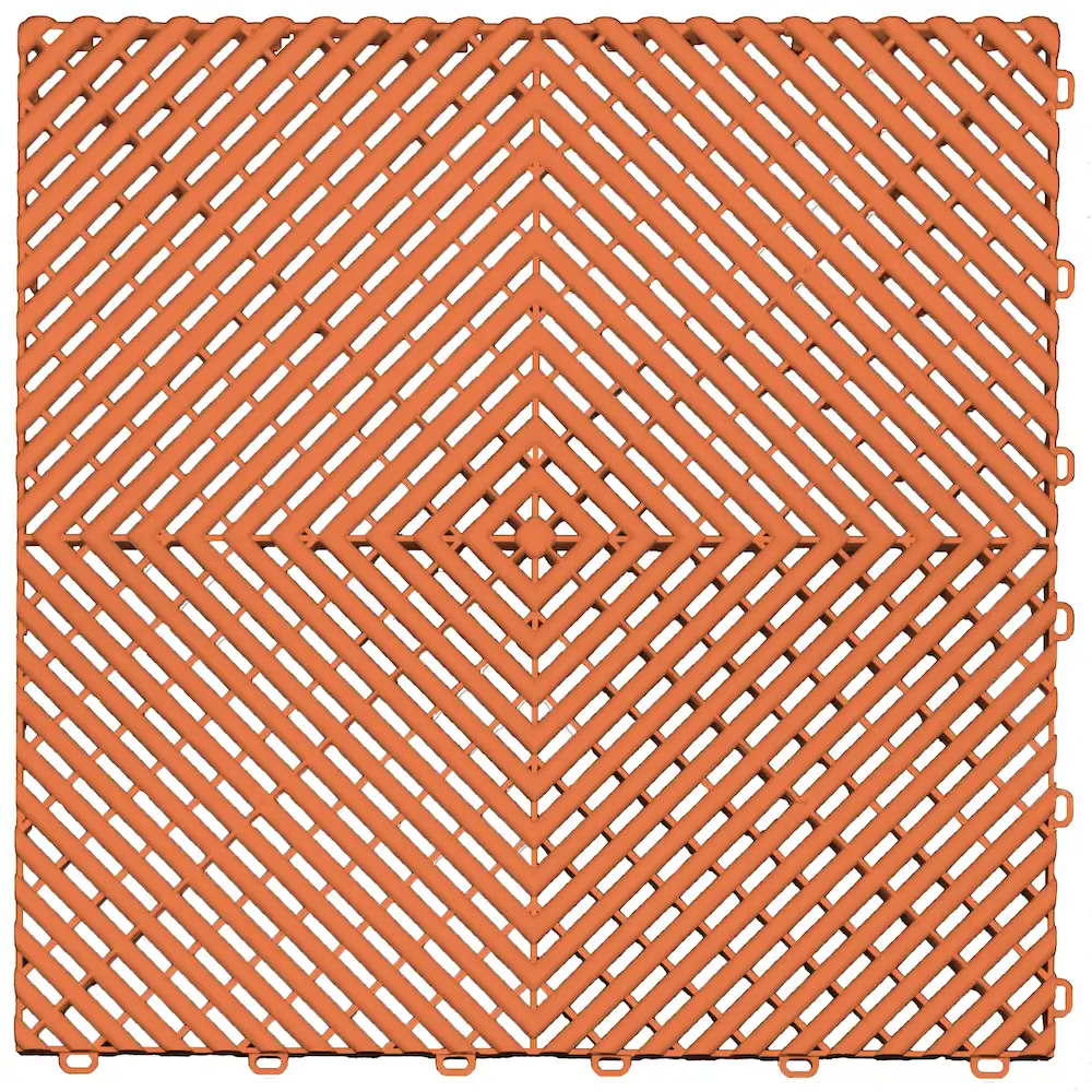 Terra cotta–colored interlocking drainage floor tile for garage, workshop, and outdoor flooring.