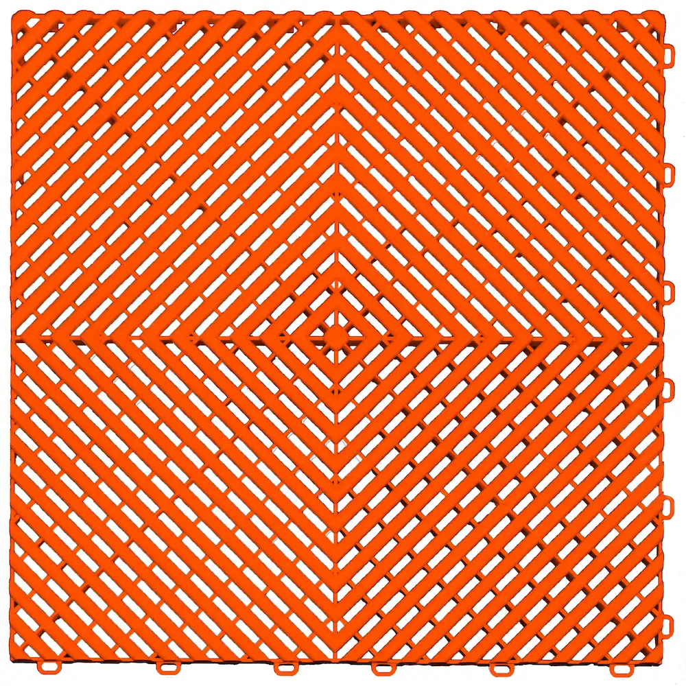 Orange interlocking drainage floor tile designed for garage, outdoor, and utility flooring.