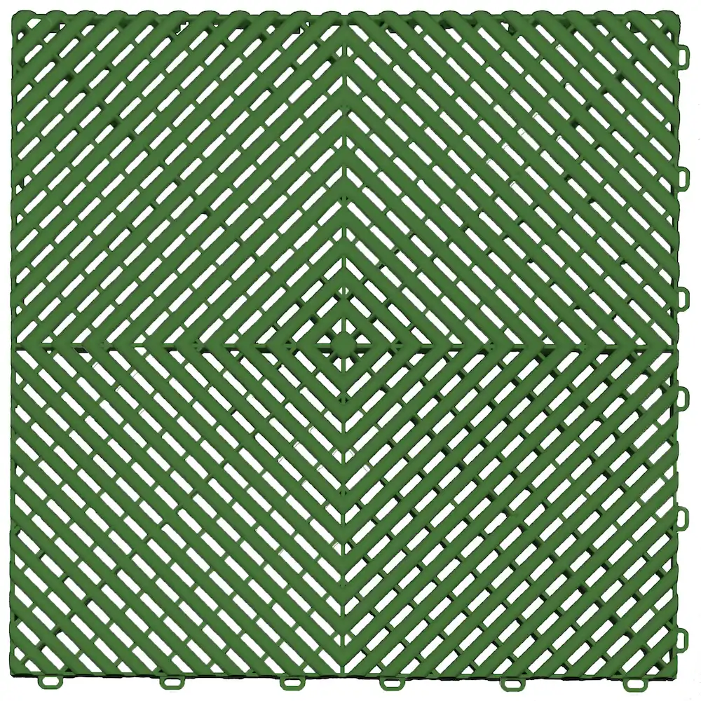 Green interlocking drainage floor tile designed for garage, outdoor, and utility flooring.