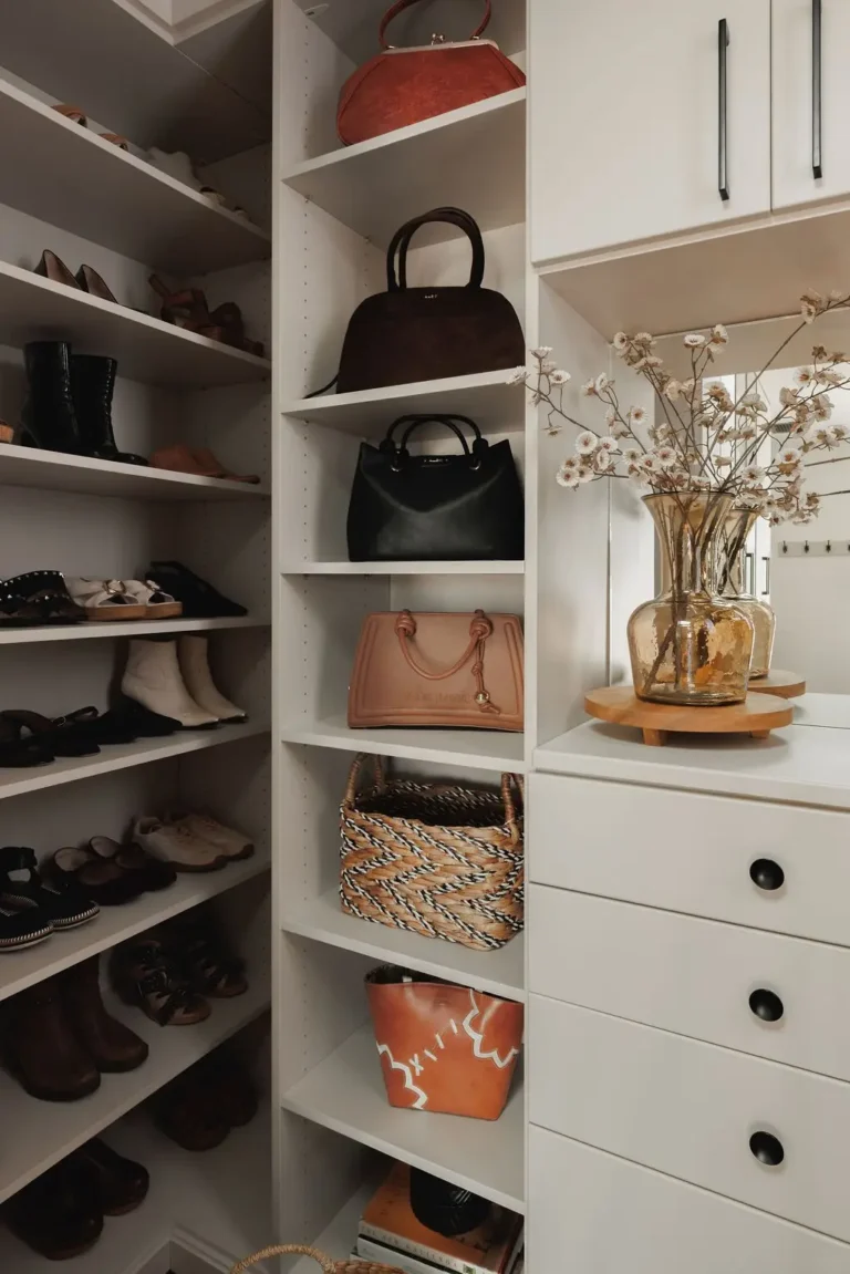 Vintage finish walk-in closet shelving for shoes and handbags