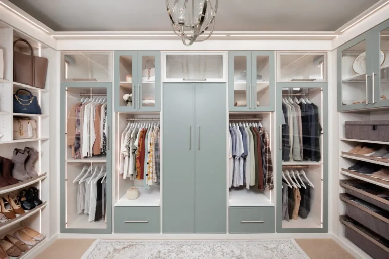 Arctic and spruce walk-in closet with vanity in the Edmonton area, after Famille Closets installation