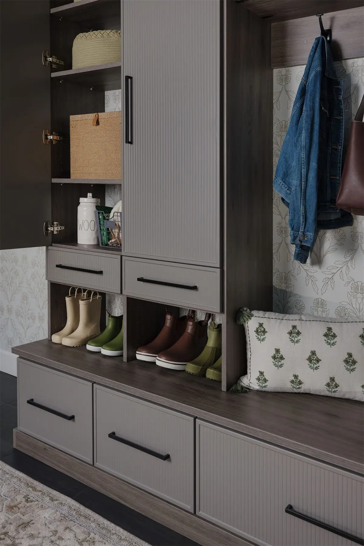 Mudroom cabinet open with shelving by Famille Closets