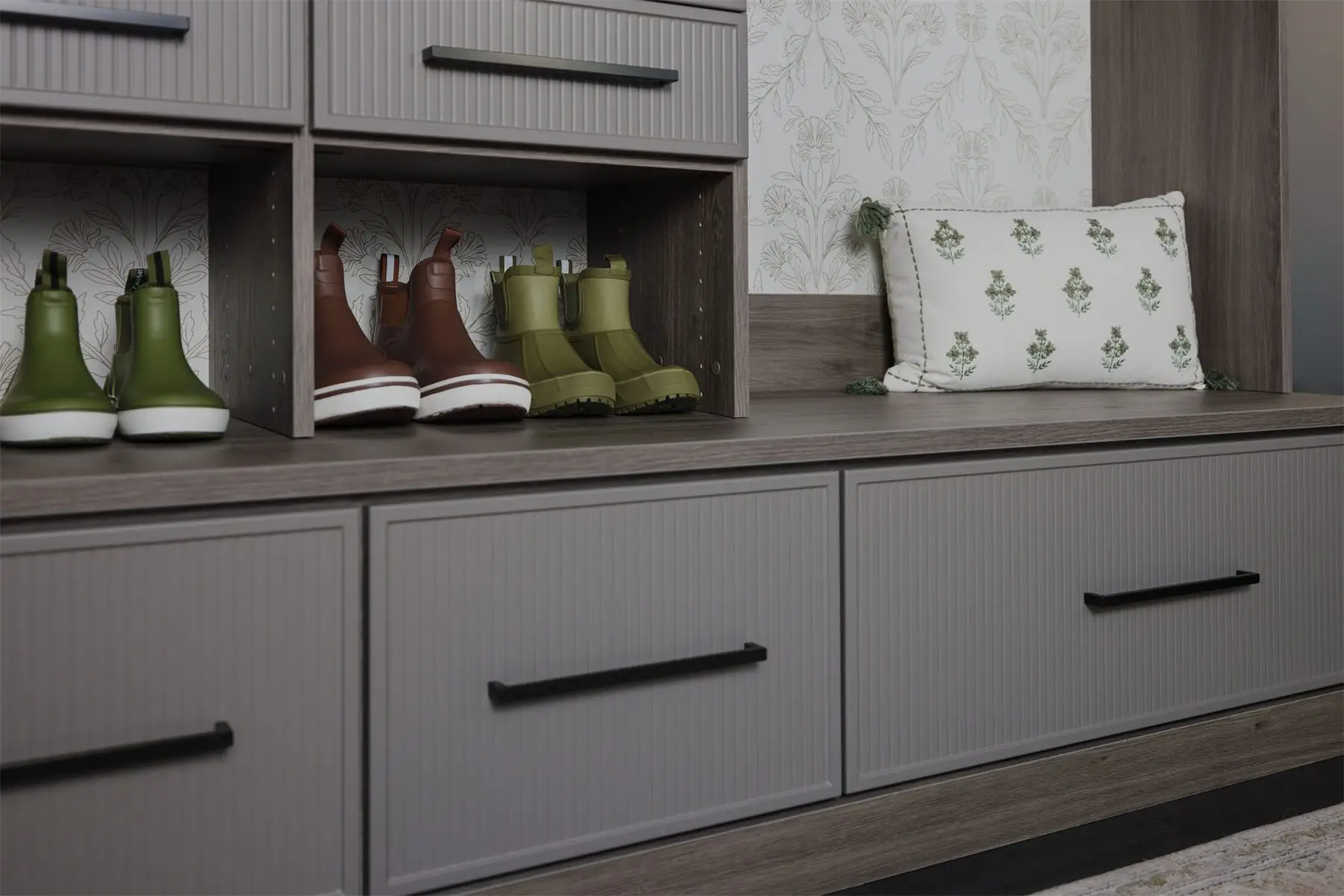 Mudroom bench drawers and boot cubbies by Famille Closets