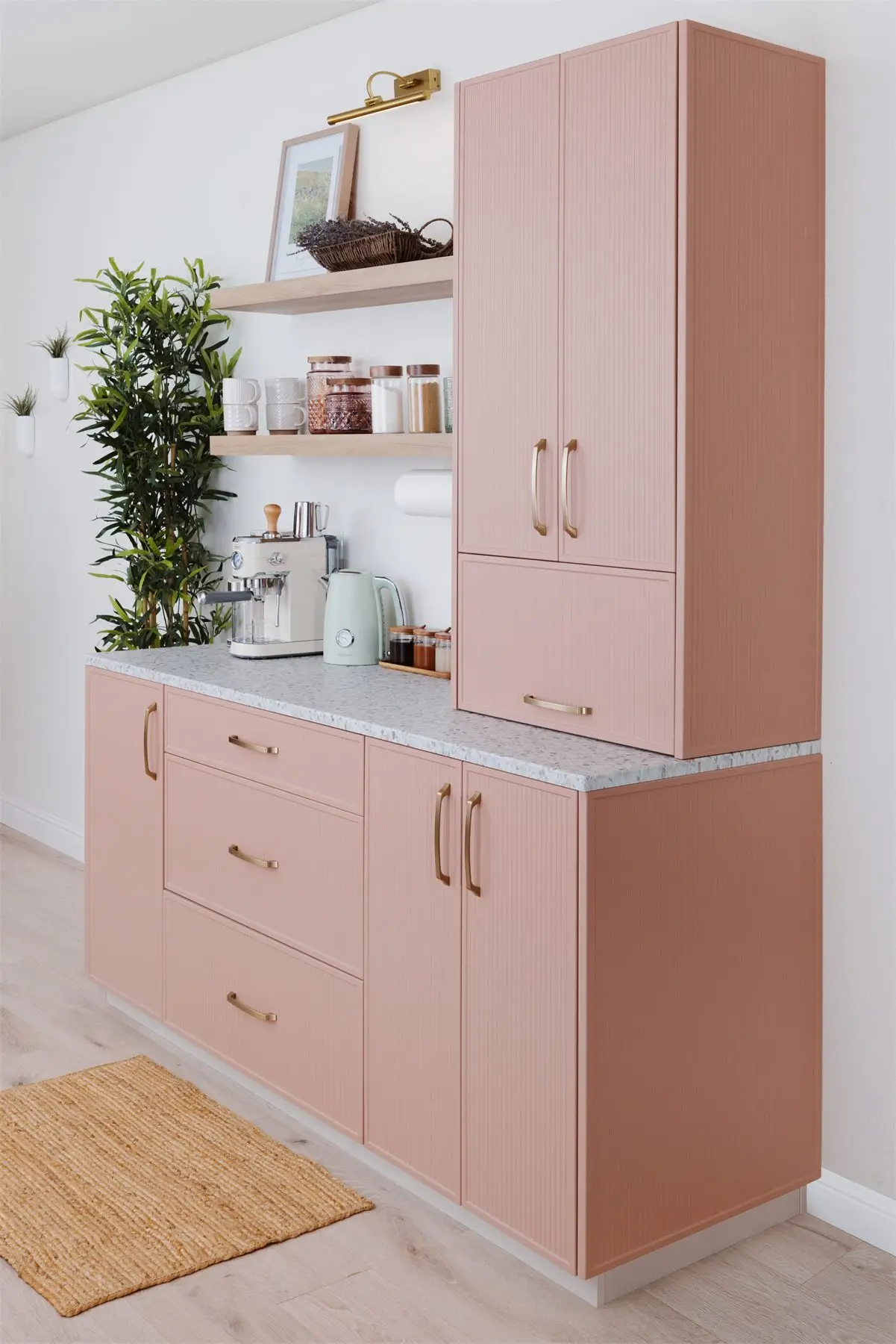 Kitchen coffee station with drawers and upper cabinet by Famille Closets