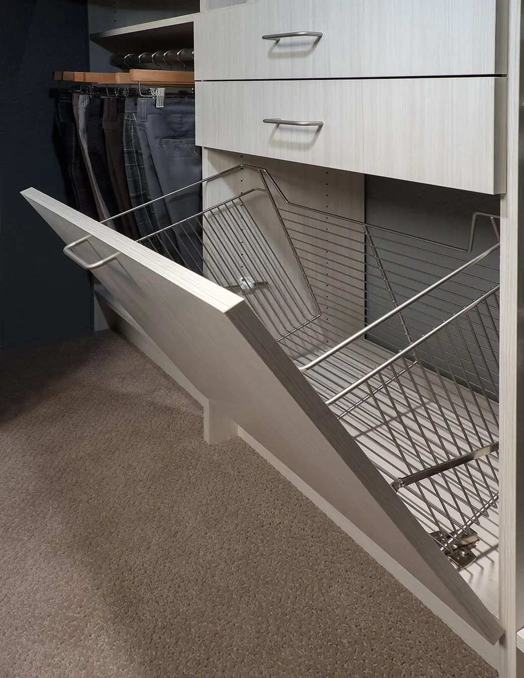 Closet hamper with satin nickel basket by Famille Closets