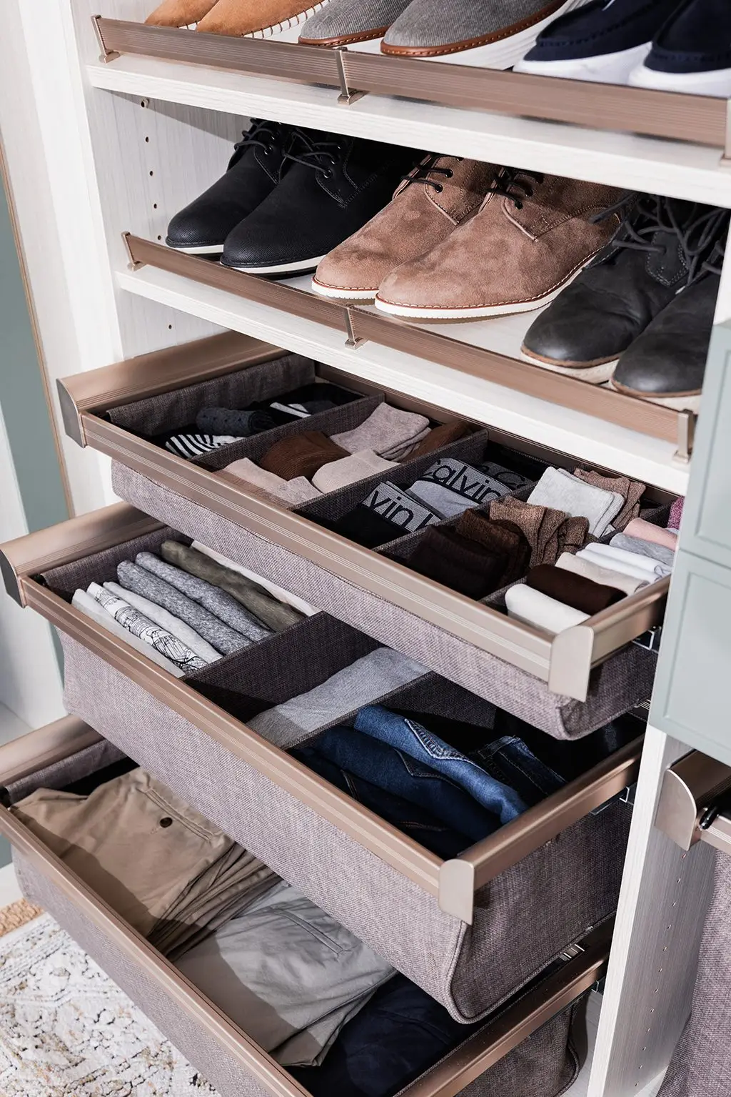 Pull-out shoe and accessory drawers by Famille Closets