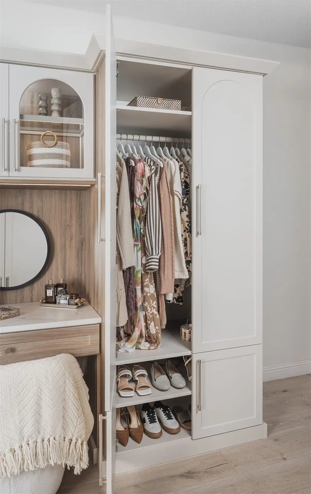 Wardrobe with doors open showing double hanging and shoe storage beside a vanity by Famille Closets